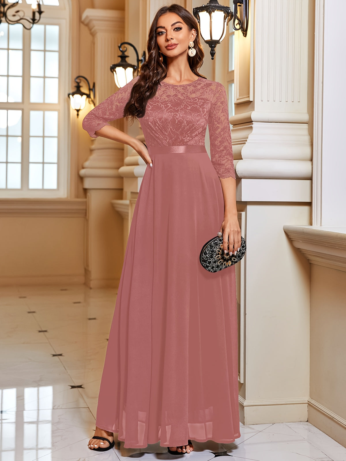 Vestido elegante de chiffon com renda e gola redonda, mangas 3/4, para casamentos, festas e damas de honor, estilo A-line.