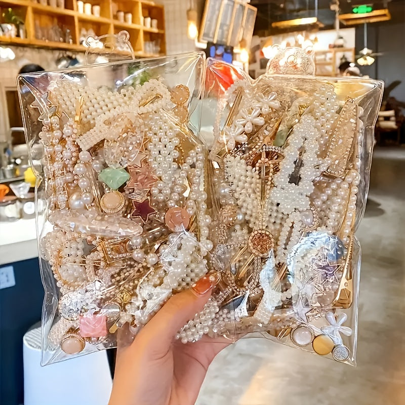 Conjunto de 50 Clipes de Cabelo Elegantes com Laço de Pérola, Acessórios de Cabelo de Estilo Francês, Clipes de Tassel Lateral Exquisitos de Estilo Coreano, Clipes de Pato de Plástico, Acessórios de Moda (Estilos Pode Variar).