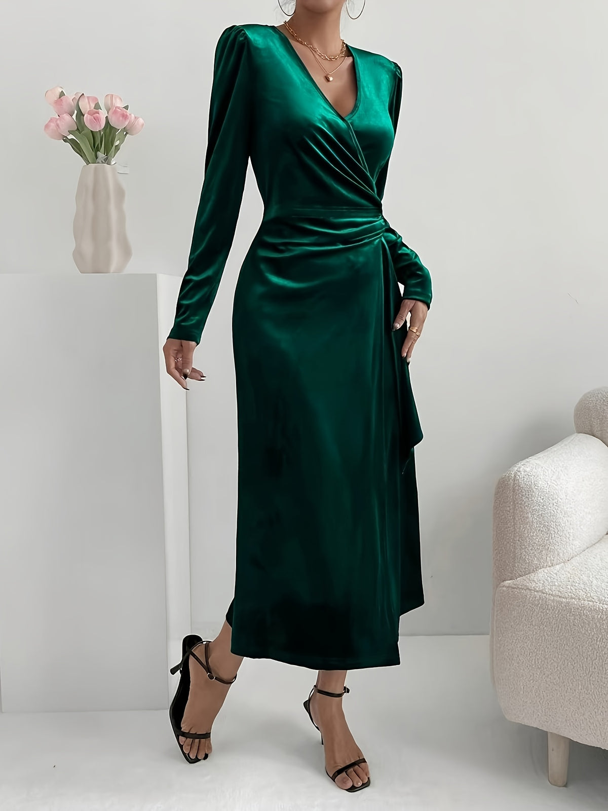 Vestido de Festa Elegante Feminino Estilo Francês - Midi Manga Longa com Pregas Verticais, Lavável na Máquina, Ideal para Casamentos e Eventos de Outono/Inverno