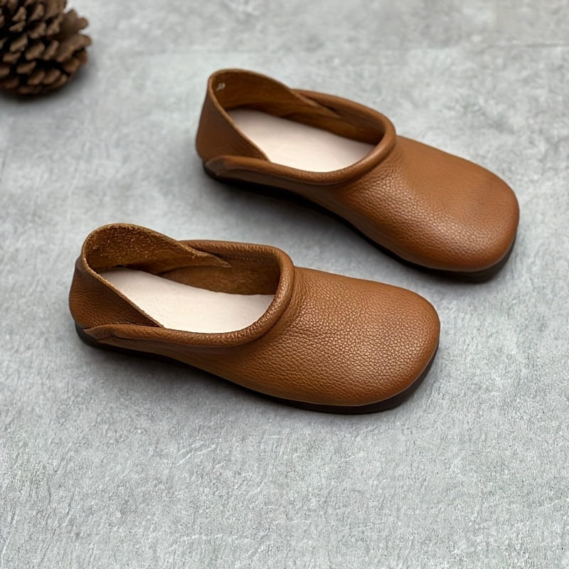 Chinelos Mocassim Retrô Femininos - Sapatilhas Marrons de Bico Redondo com Sola de Borracha Macia, Para Todas as Estações/Exterior, Fácil de Limpar e Lavável à Mão - Botinhas Baixas Amigáveis para Avós e Idosos