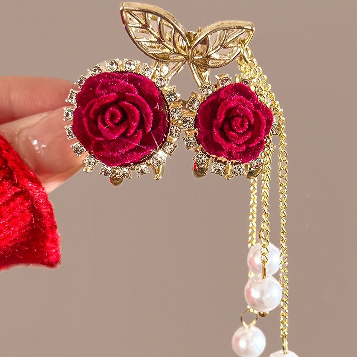 1peça Elegante Renda de Rosa Vermelha com Pinça para Mulheres - Acessório de Cabelo com Brilhantes de Diamante e Acentos Dourados, Presente Perfeito para Ocasiões Especiais, Acessórios de Cabelo para