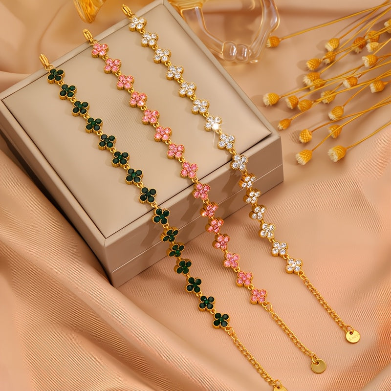 1pc Pulseira Elegante de Aço Inoxidável - Design Floral Trevo de Quatro Folhas com Corrente Verde e Tom Dourado, Compatível para Uso Diário, Festas ou Formais - Presente Perfeito de Aniversário/Aniversário para Ele - Joia Masculina para o Ano Todo, Acessório Estiloso, Artesanato Fino, Moda para Amantes da Estética