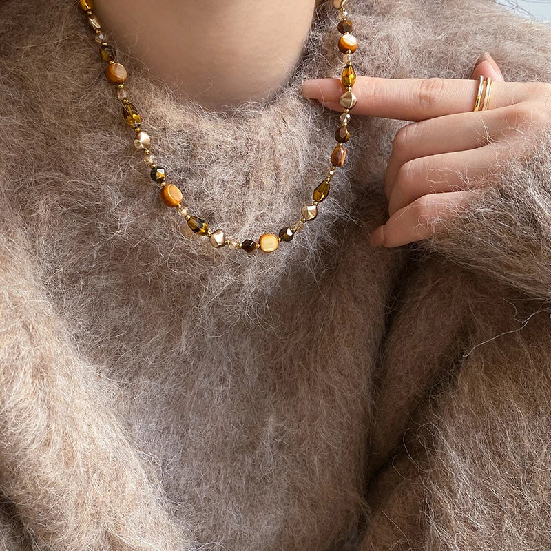 Maillard Natural Stone Beads Necklace Caramel Temperament Sweater Chain Light Luxury High-end Neck Chain For Women Girls Jewelry