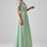 Sage Green Elegance: V-Neck A-Line Wedding Gown