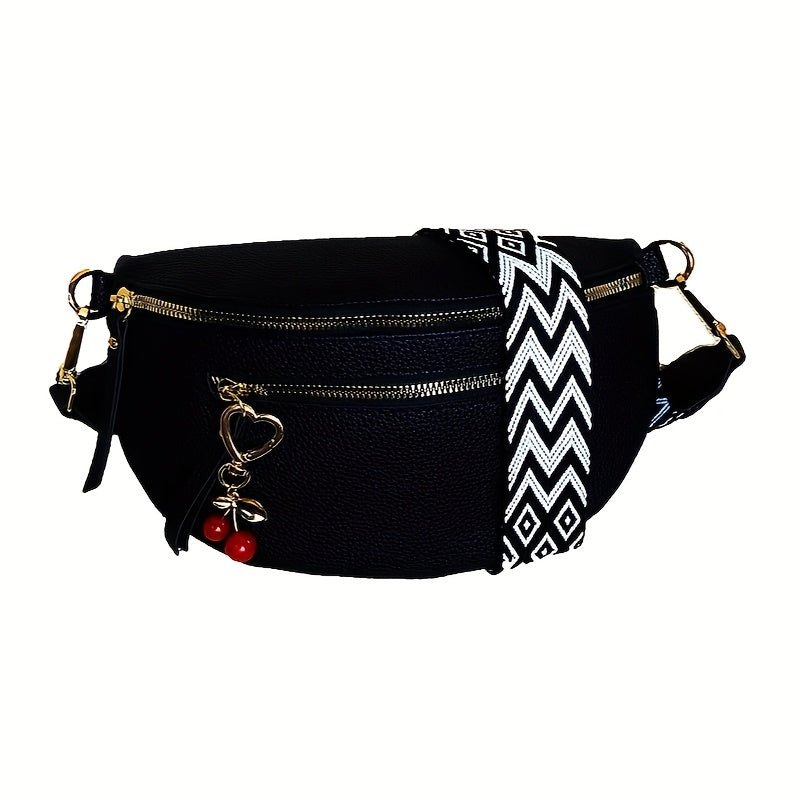 Bolsa de ombro boémia para mulheres com bloco de cores e charme de cereja - Alça ajustável, fecho de correr, forro de poliéster, perfeita para uso diário ou corrida desportiva, bolsa de ombro, acessório casual, pompon decorativo, fecho de correr durável