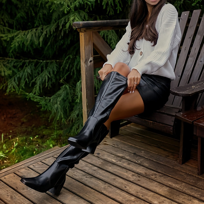 Botas de cano alto para mulheres, botas de salto médio com bloco grosso, ponta quadrada, botas altas com fecho lateral e zíper, botas longas de salto alto para mulheres