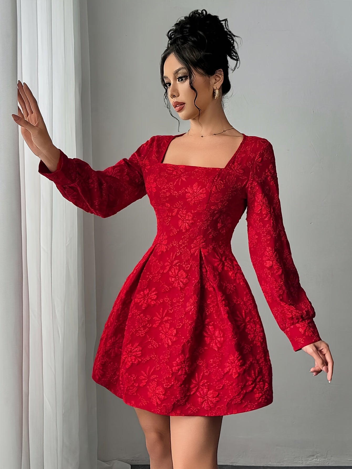 Vestido Elegante Vermelho Feminino - Manga Longa com Barra Flare, Lavável à máquina para Festas e Escritório ou Uso Diário em Todos os Estilos de Roupagem
