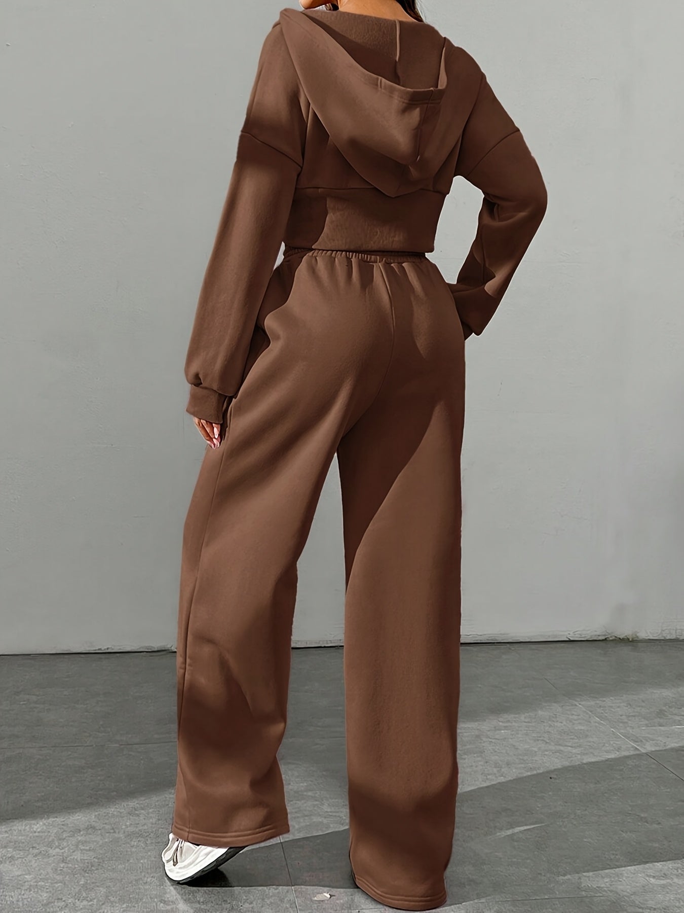 Conjunto Casual Feminino de Duas Peças em Cor Sólida: Jaqueta com Capuz e Zíper & Calças Jogger com Cintura Elástica - Poliéster, Lavável à Máquina