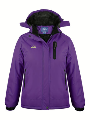 Casaco de esqui feminino com forro azul claro, capuz removível, gola de corte completo com fecho de correr, design com capuz, forro de lã multi-bolsos, ideal para esportes de inverno, snowboard, caminhadas e acampamentos, casaco de esportes de inverno|casaco com capuz|casaco forrado