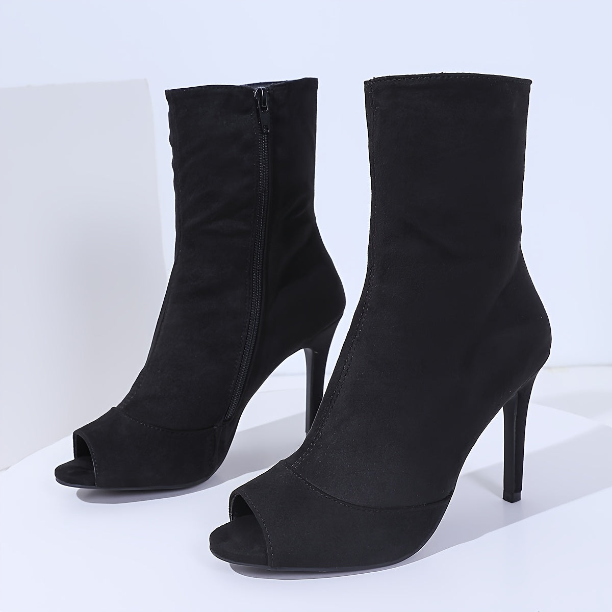 Botas de Salto Alto Plataforma Abertas na Ponta para Mulheres - Parte Superior em Tecido Preto com Fecho de Zíper, Botinhas Versáteis para Todas as Estações e Looks, Calçado Formal, Design Descolado, Sola de Borracha Durável, Sapatos de Festa, Calçados Elegantes