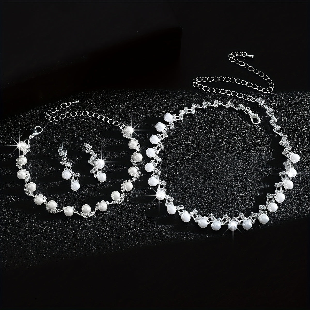 Conjunto de colar, pulseira e brincos de pérolas de imitação de luxo - Elegante em branco K dourado, material principal de cobre, perfeito para festas e banquetes, acessório para o Dia de Ação de Graças, joias para todas as estações, acessórios para festas | Acessório elegante | Joias de pérolas de imitação