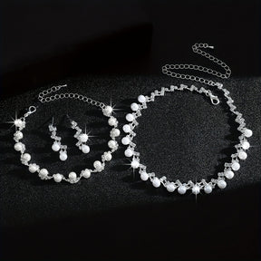 Conjunto de colar, pulseira e brincos de pérolas de imitação de luxo - Elegante em branco K dourado, material principal de cobre, perfeito para festas e banquetes, acessório para o Dia de Ação de Graças, joias para todas as estações, acessórios para festas | Acessório elegante | Joias de pérolas de imitação