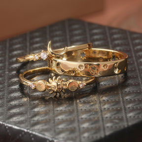 Conjunto de 3 peças Anel Retrô Feito à Mão em Forma de Estrela e Lua, Incrustado com Zircônia Sintética Brilhante, Anel Elegante para Empilhar para Mulheres, Anel com Design Solar, Presente Requintado para Ela