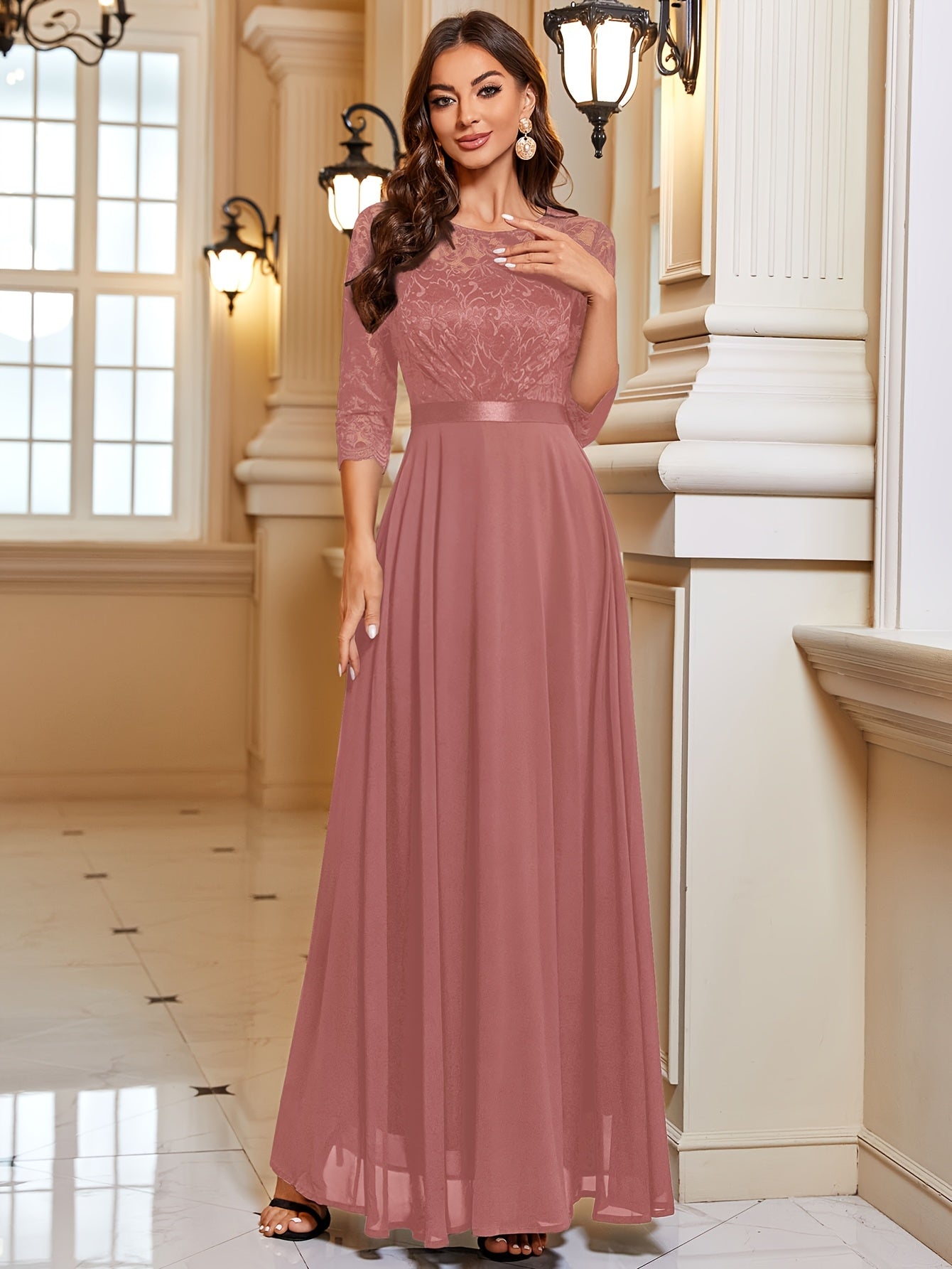 Vestido elegante de chiffon com renda e gola redonda, mangas 3/4, para casamentos, festas e damas de honor, estilo A-line.
