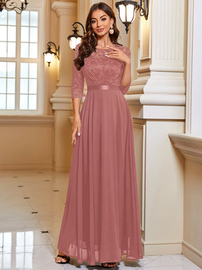 Vestido elegante de chiffon com renda e gola redonda, mangas 3/4, para casamentos, festas e damas de honor, estilo A-line.