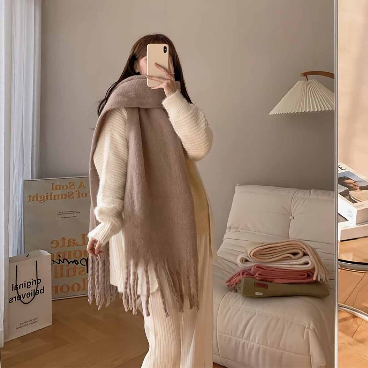 Cachecol Elegante e Grosso de Inverno com Franja Estilo Poodle - Envoltório Macio à Prova de Vento Listrado, Acessório Luxuoso para Clima Frio, Presente Ideal para Natal & Ano Novo (Branco) - Lavável na Mão