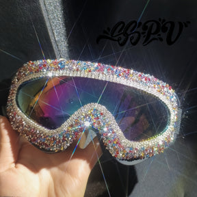 Óculos de esqui para mulheres com strass brilhantes, estrutura em PC com lente espelhada, respirável e suave, ideal para esqui alpino, snowboard, fora de pista e motas de neve - inclui pano anti-embaciamento.