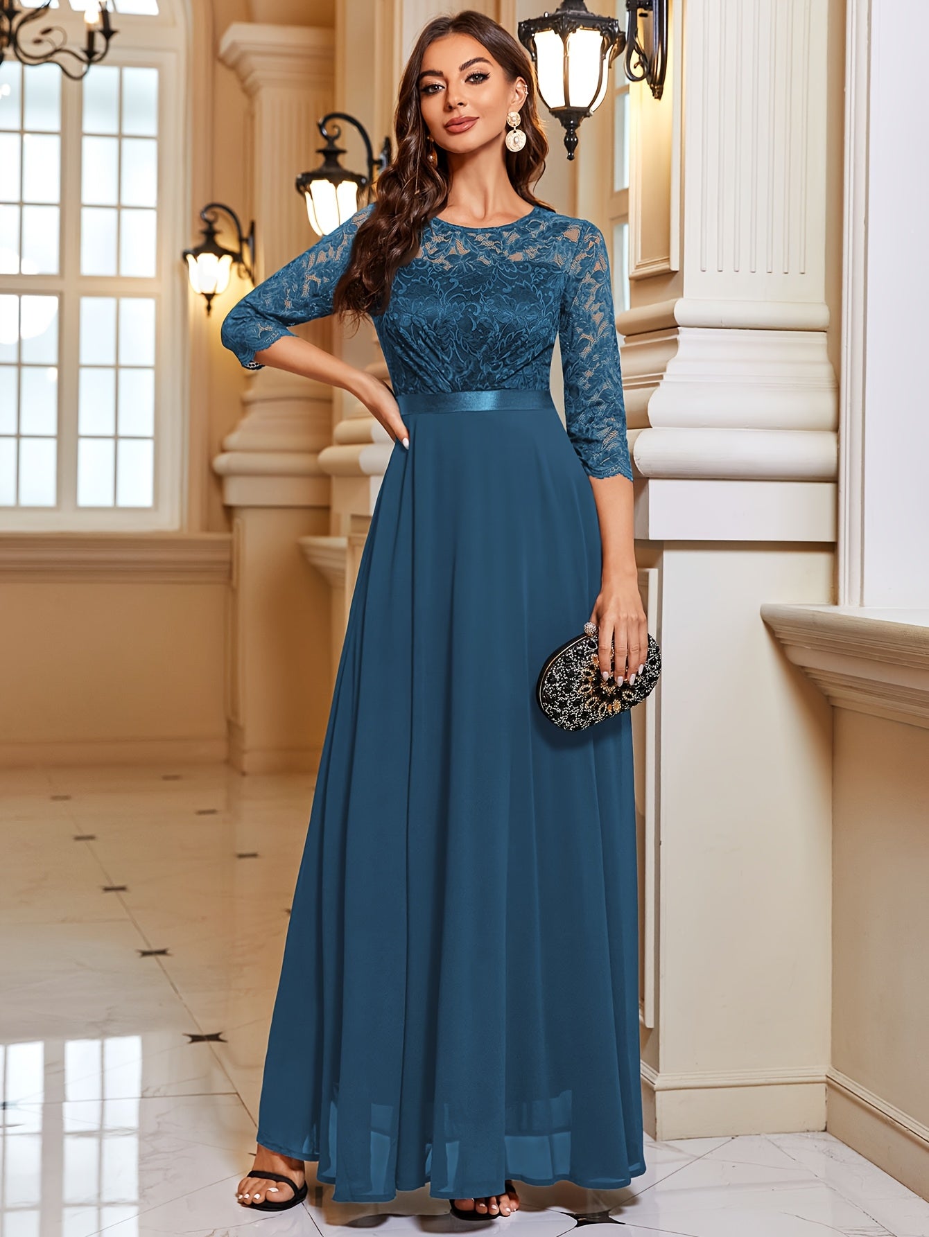 Vestido elegante de chiffon com renda e gola redonda, mangas 3/4, para casamentos, festas e damas de honor, estilo A-line.