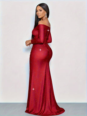 Vestido de Noite Elegante Sereia para Mulheres com Decote em V, Mangas Longas e Fenda de Lantejoulas - Vestido de Festa Formal Brilhante para Casamento, Lavável à Máquina, Comprimento Longo para Baile/Cocktail, Cauda Ajustada para Eventos de Gala (Inverno, Rosa Suave)