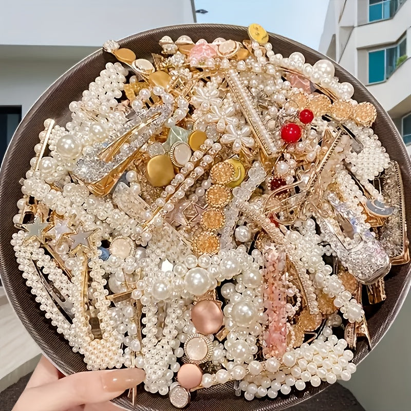 Conjunto de 50 Clipes de Cabelo Elegantes com Laço de Pérola, Acessórios de Cabelo de Estilo Francês, Clipes de Tassel Lateral Exquisitos de Estilo Coreano, Clipes de Pato de Plástico, Acessórios de Moda (Estilos Pode Variar).