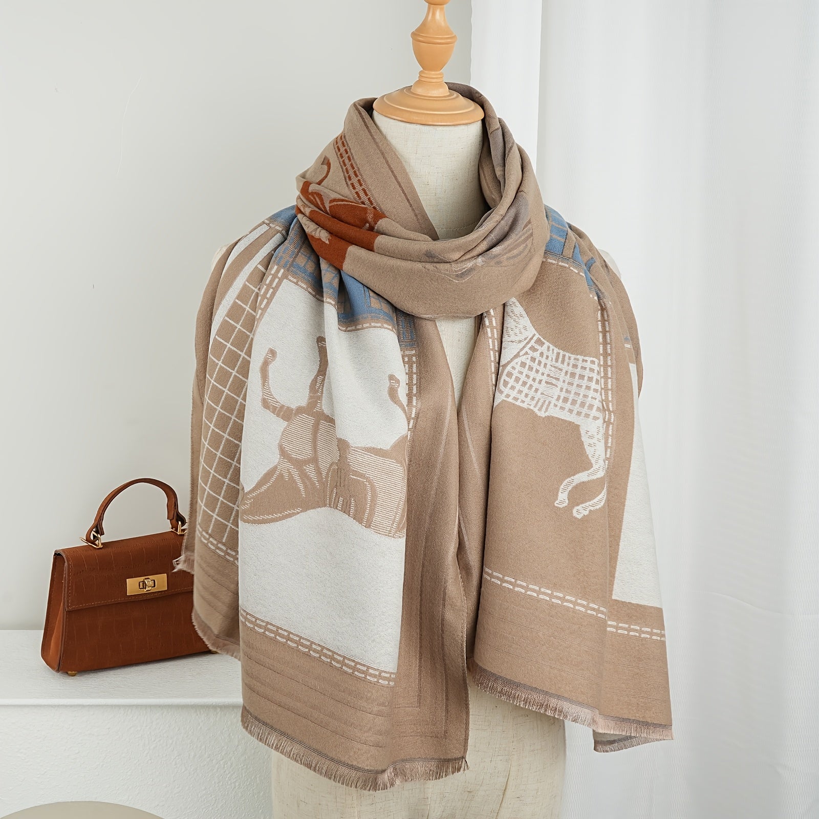 1 Cachecol Boémio Elegante de Dupla Face para Mulher - Poliéster Quente e Respirável, Design com Estampado Animal, Versátil para Saídas Casuais e Composição Elegante, Perfeito para Moda de Outono/Inverno, Acessório de Roupa Casual | Estilo Boémio | Cachecol de Poliéster