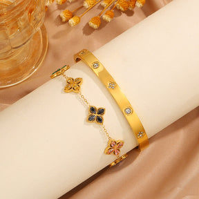 Conjunto de 2 Pulseiras ACNODE em Aço Inoxidável - Design Floral Elegante com Aplicações de Strass, Banhadas a Prata, Perfeitas para Deslocações Diárias e Festas, Presente Ideal para Homens, Acessórios de Festa|Conjunto de Pulseiras Florais|Pulseiras Duráveis