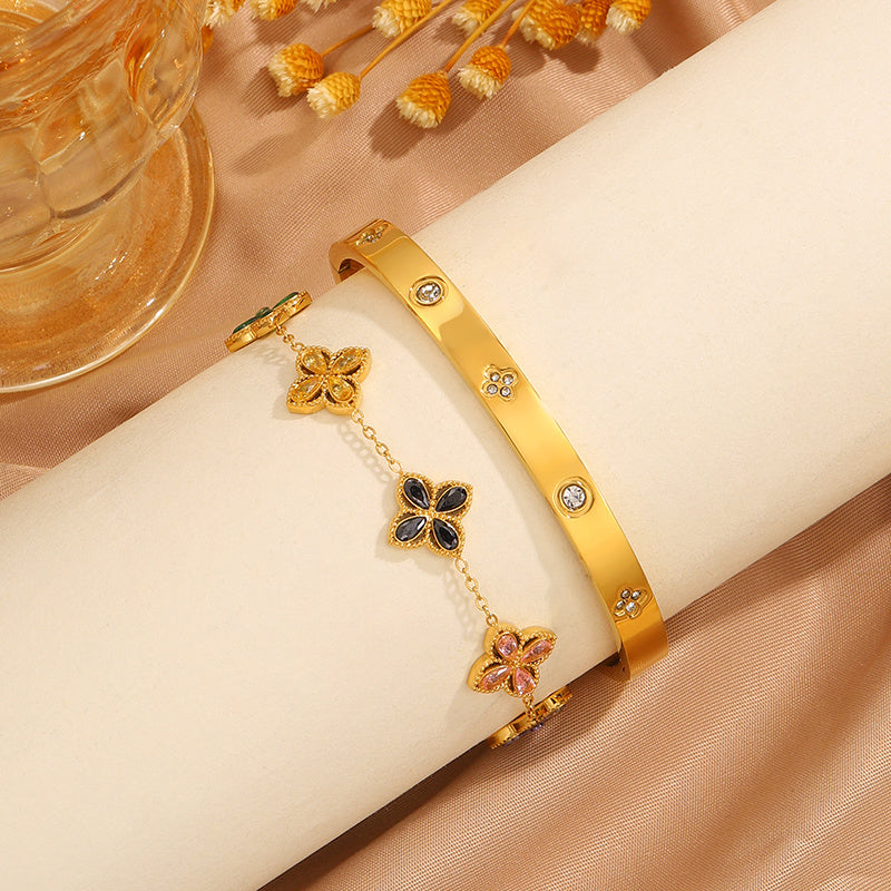 Conjunto de 2 Pulseiras ACNODE em Aço Inoxidável - Design Floral Elegante com Aplicações de Strass, Banhadas a Prata, Perfeitas para Deslocações Diárias e Festas, Presente Ideal para Homens, Acessórios de Festa|Conjunto de Pulseiras Florais|Pulseiras Duráveis