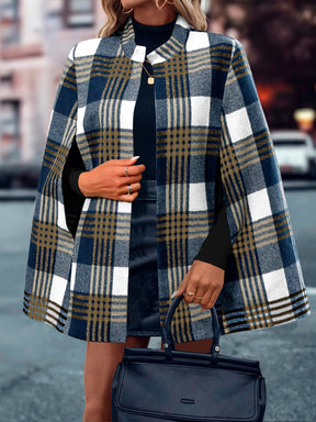 Casaco de Capa com Capuz de Xadrez Elegante para Mulheres - Padrão de Xadrez Preto e Branco, Manga Longa, Abotoamento Frontal, Roupa de Outono/Inverno com Bolsos, Estilo Casual Chic, Casaco de Inverno, Jaqueta de Mulher para Outono