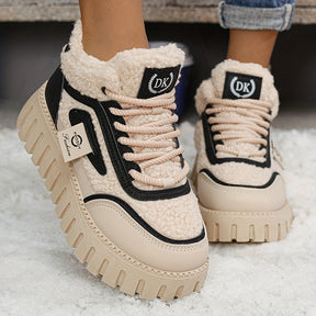 Botins de Inverno Quentes com Forro de Lã para Mulher - Botas de Neve Aconchegantes de Biqueira Redonda com Fecho de Cordões, Tração Antiderrapante, Sola de Borracha Espessa e Forro Aveludado, & Sapatos Casuais Castanhos para Clima Frio, Botas de Inverno