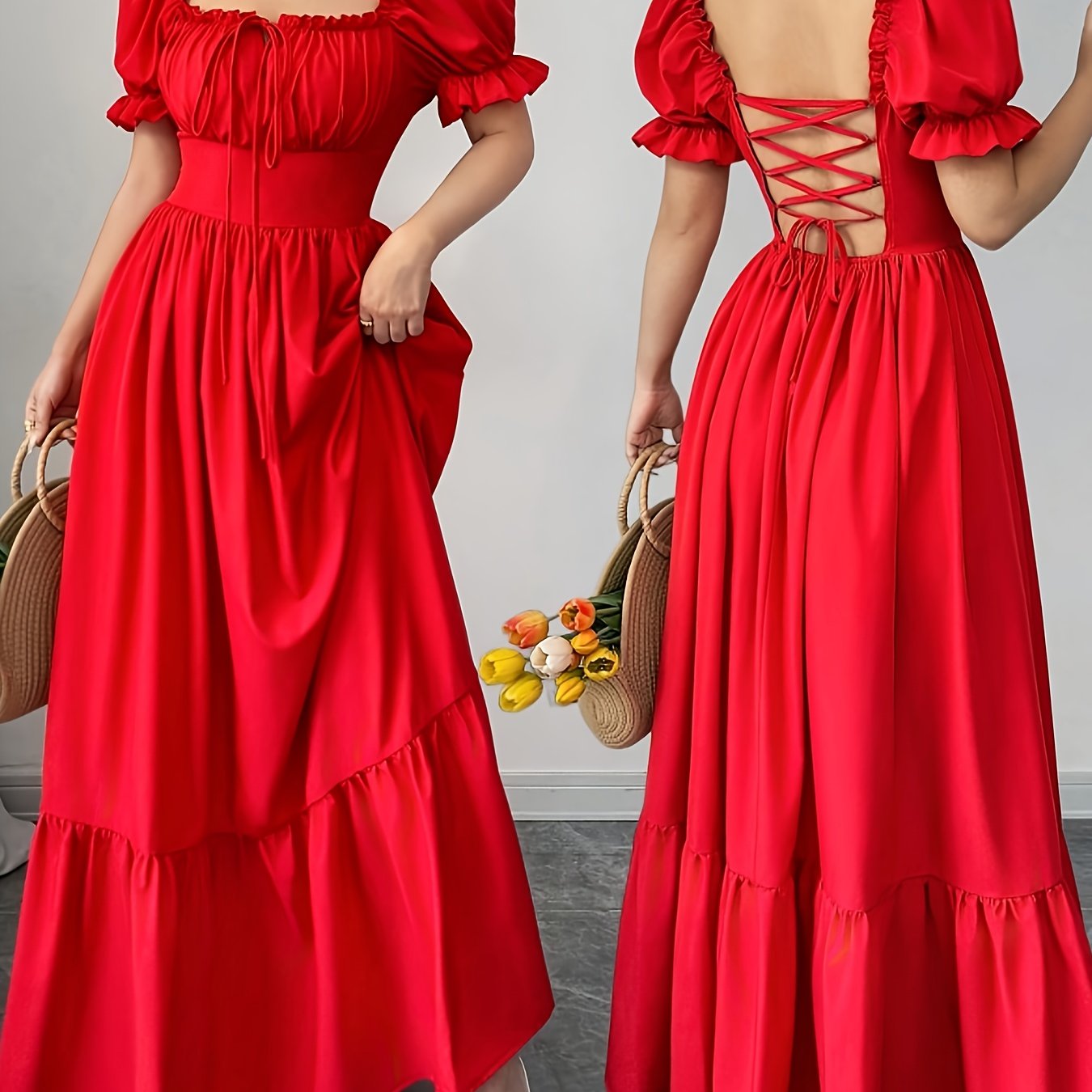 Elegant Bubble Sleeve Bow Dress