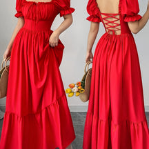 Elegant Bubble Sleeve Bow Dress