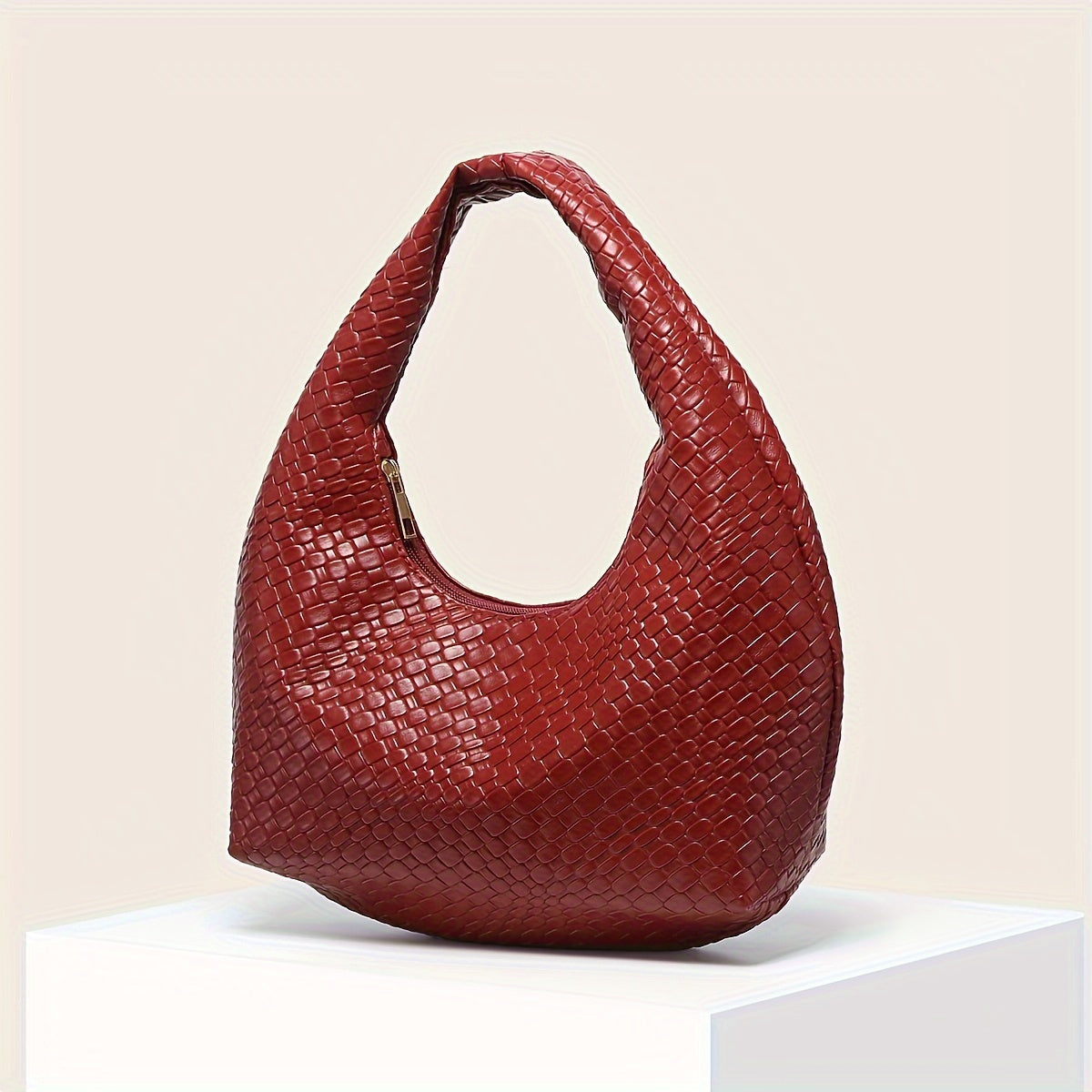 Bolsa Hobo Elegante Bordô Tecida com Crescente para Mulheres - Cor Sólida Chique, Fecho de Zíper, Tote de Ombro em Couro Ecológico Durável com Forro de Poliéster, Bolsa de Mão Fashion para o Subaxilar
