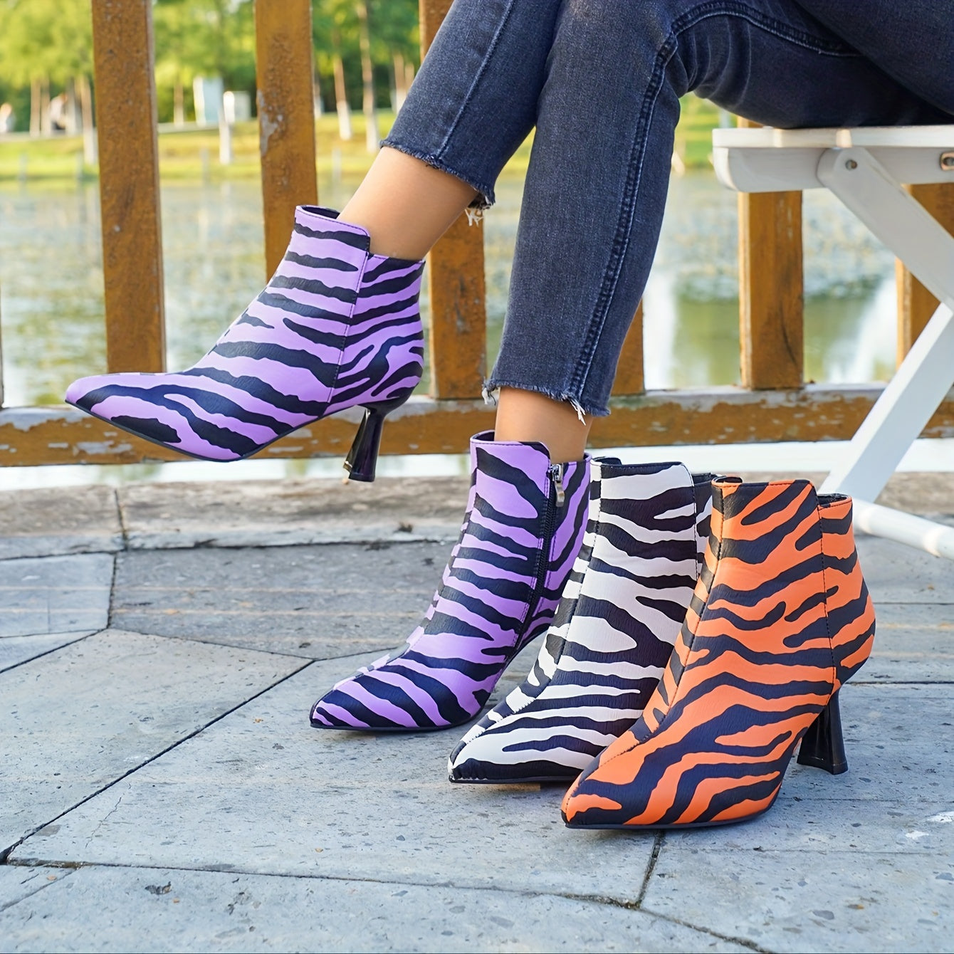 Botas Curtas de Salto Alto com Estampa de Zebra para Mulheres, Sapatos Casuais Confortáveis