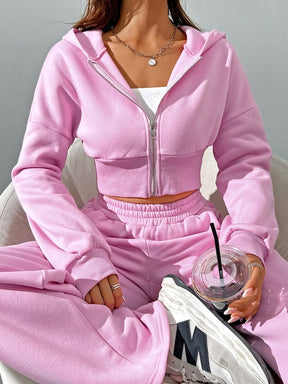 Conjunto Casual Feminino de Duas Peças em Cor Sólida: Jaqueta com Capuz e Zíper & Calças Jogger com Cintura Elástica - Poliéster, Lavável à Máquina