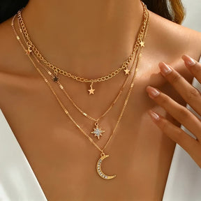 Colar dourado em camadas de estilo boémio elegante com pingentes de estrela e lua - Revestido em ouro 14K, detalhes de strass, presente perfeito para ela, joias de uso diário|Colar boémio|Pingente detalhado, colar em camadas