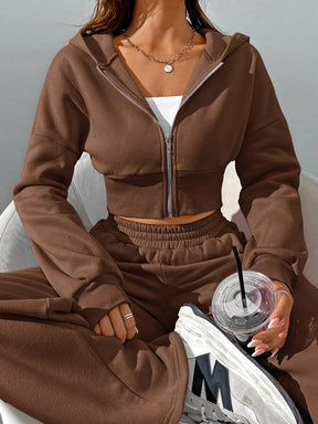 Conjunto Casual Feminino de Duas Peças em Cor Sólida: Jaqueta com Capuz e Zíper & Calças Jogger com Cintura Elástica - Poliéster, Lavável à Máquina