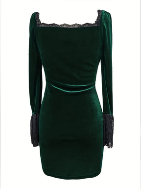 Vestido Elegante Feminino em A-Line com Decote Quadrado e Fenda - Manga Longa - Vestido de Festa de Casamento e Eventos Formal para Todo o Ano, Cor Sólida (Lavagem à Mão/Limpeza a Seco)