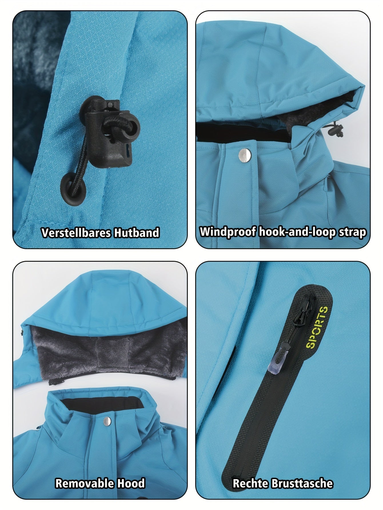 Casaco de esqui feminino com forro azul claro, capuz removível, gola de corte completo com fecho de correr, design com capuz, forro de lã multi-bolsos, ideal para esportes de inverno, snowboard, caminhadas e acampamentos, casaco de esportes de inverno|casaco com capuz|casaco forrado
