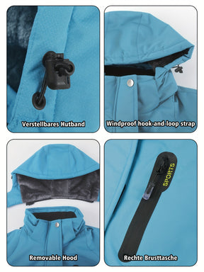 Casaco de esqui feminino com forro azul claro, capuz removível, gola de corte completo com fecho de correr, design com capuz, forro de lã multi-bolsos, ideal para esportes de inverno, snowboard, caminhadas e acampamentos, casaco de esportes de inverno|casaco com capuz|casaco forrado