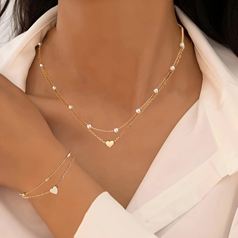 3 peças de conjunto elegante e minimalista de colar e pulseira com pérolas imitação em camadas duplas, joias femininas para uso diário, festa, banquete ou casamento, presente ideal para aniversário ou Dia dos Namorados