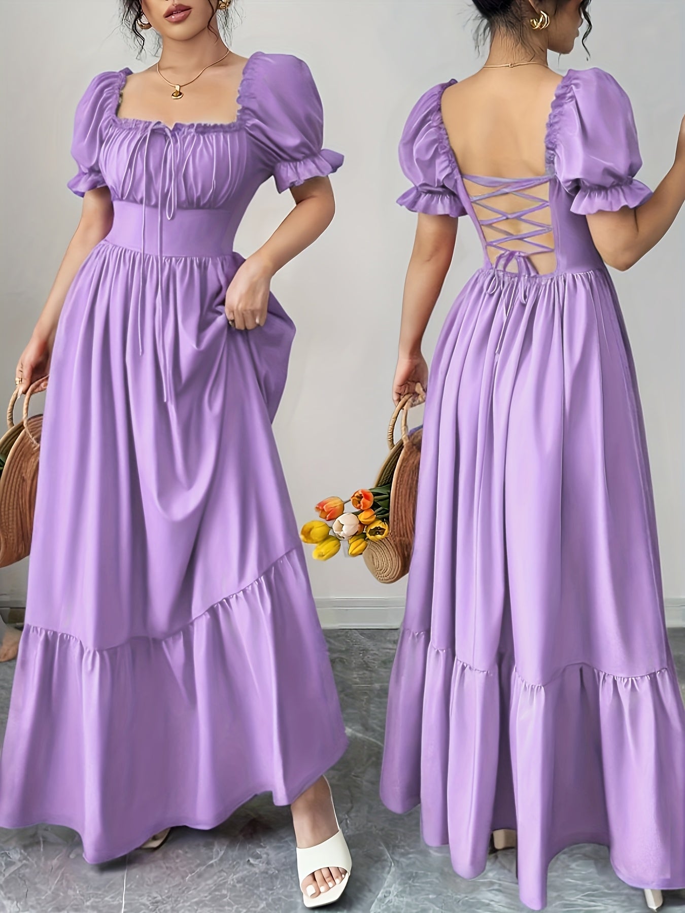 Women's Square Neck Bubble Sleeve Bow Front Open Back High Waist Dress