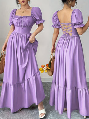 Women's Square Neck Bubble Sleeve Bow Front Open Back High Waist Dress