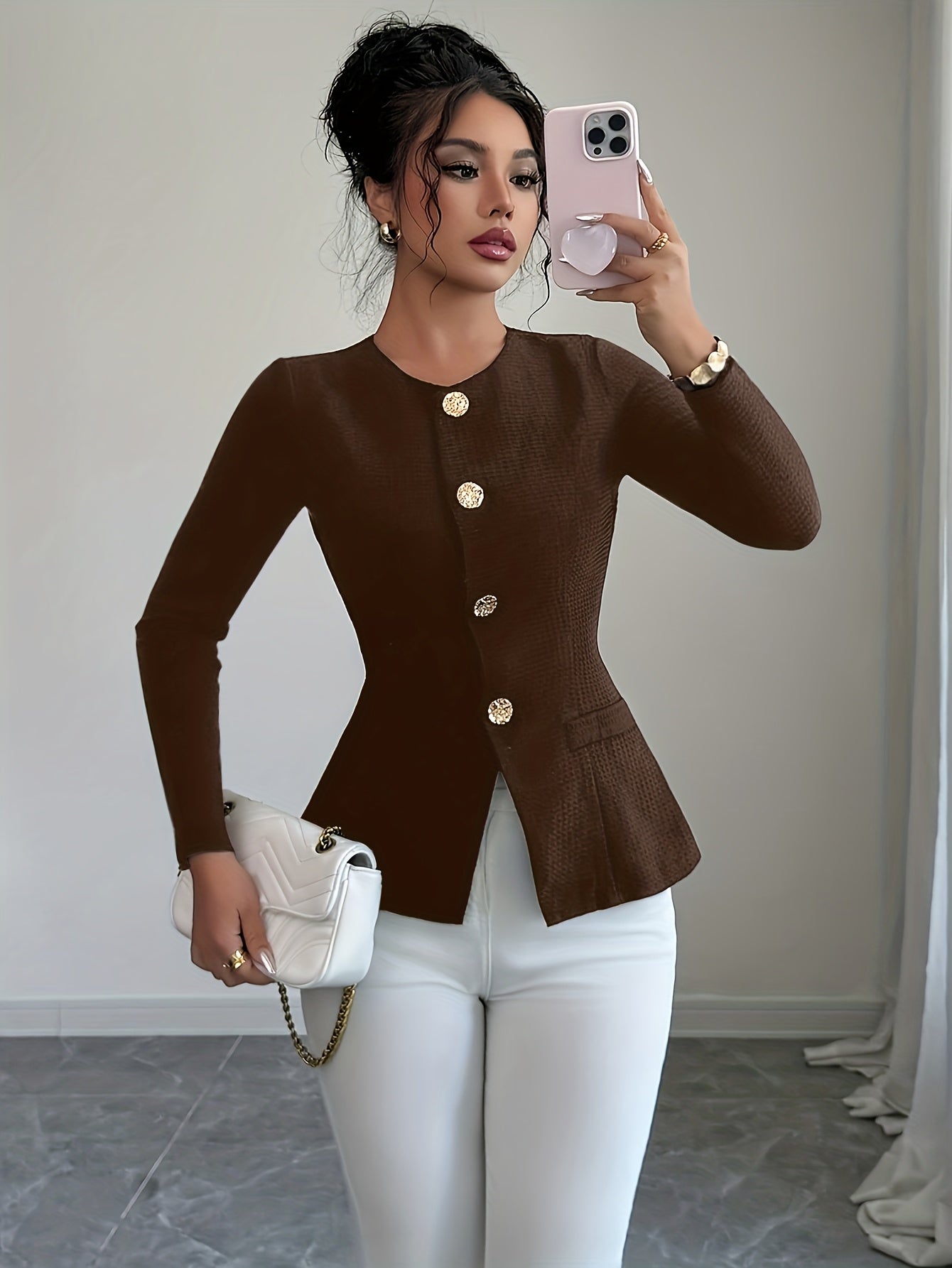 Fashion Long Sleeve Waist-Tightening Jacket with Golden Button Decoration, Versatile for Daily Wear, Spring and Summer