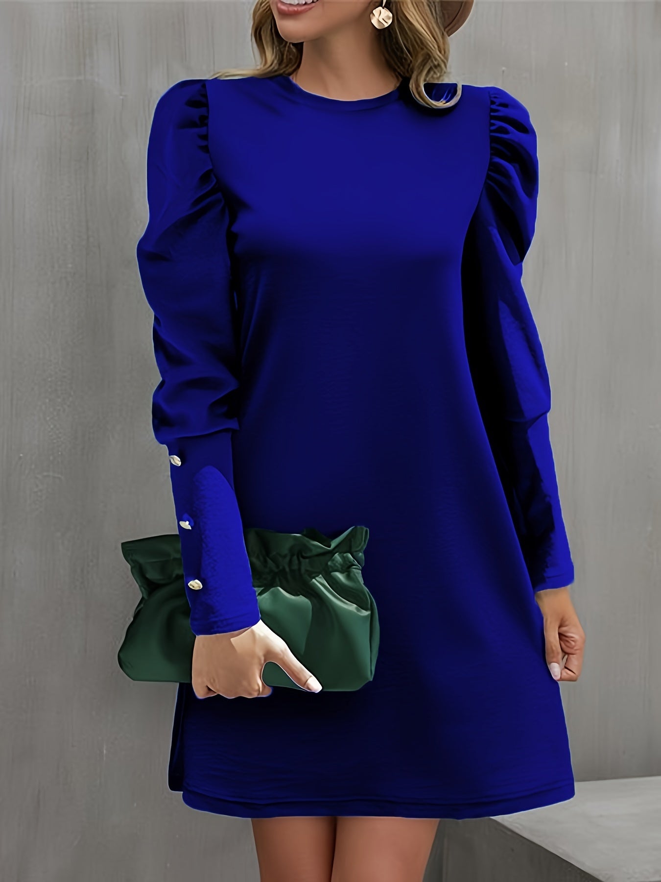 Long Sleeve Elegant Crew Neck Button Decor Dress for Spring & Fall, Women's Clothing