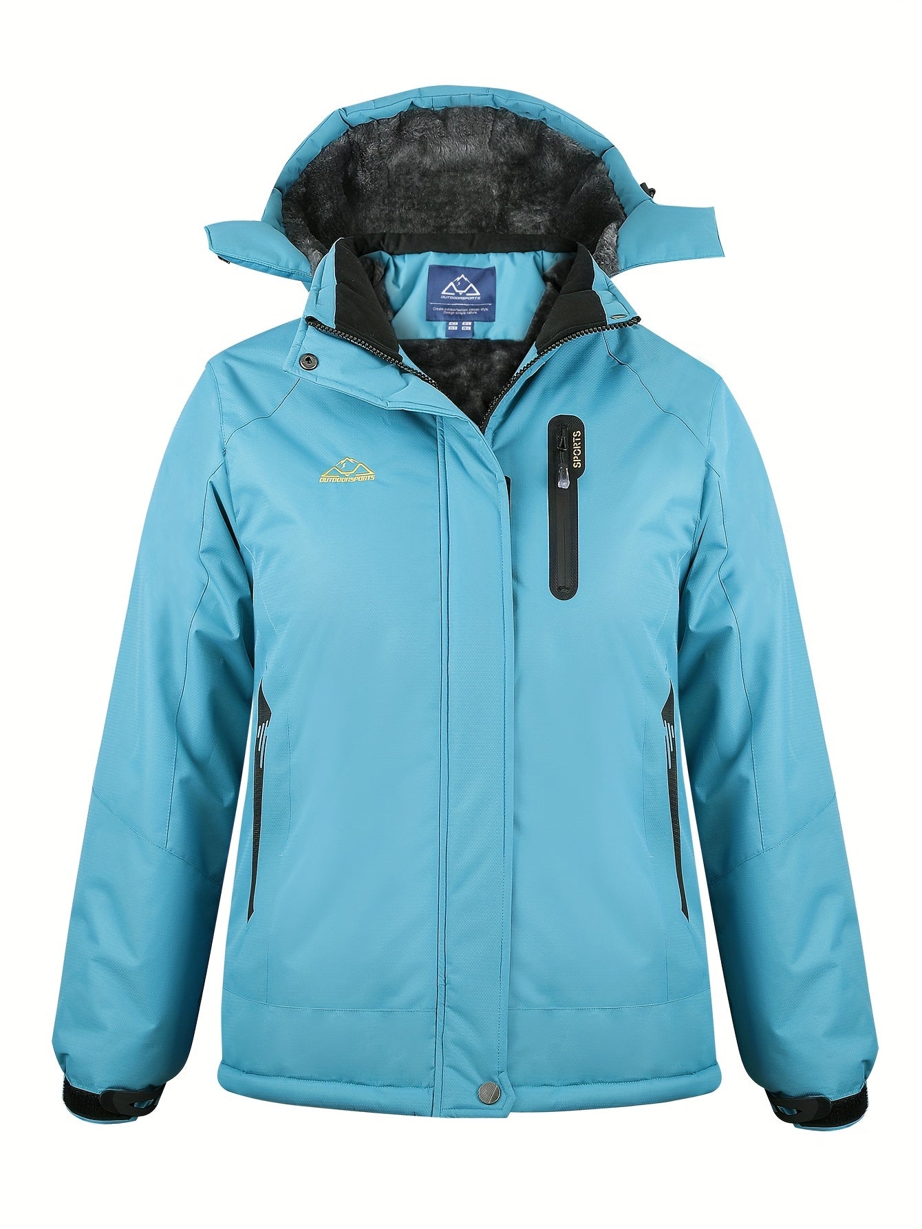 Casaco de esqui feminino com forro azul claro, capuz removível, gola de corte completo com fecho de correr, design com capuz, forro de lã multi-bolsos, ideal para esportes de inverno, snowboard, caminhadas e acampamentos, casaco de esportes de inverno|casaco com capuz|casaco forrado