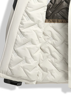 Jaqueta de Esqui Feminina à Prova de Vento e Isolada - Casaco de Inverno com Capuz, Bloco de Cores Branco/Preto, Mangas Longas com Bolsos Zíperados para Ski Alpino/Freestyle & Snowboard - Lavável em Máquina, Equipamento para Clima Frio, Estética Moderna, Material de Alta Performance, Para Entusiastas do Ar Livre