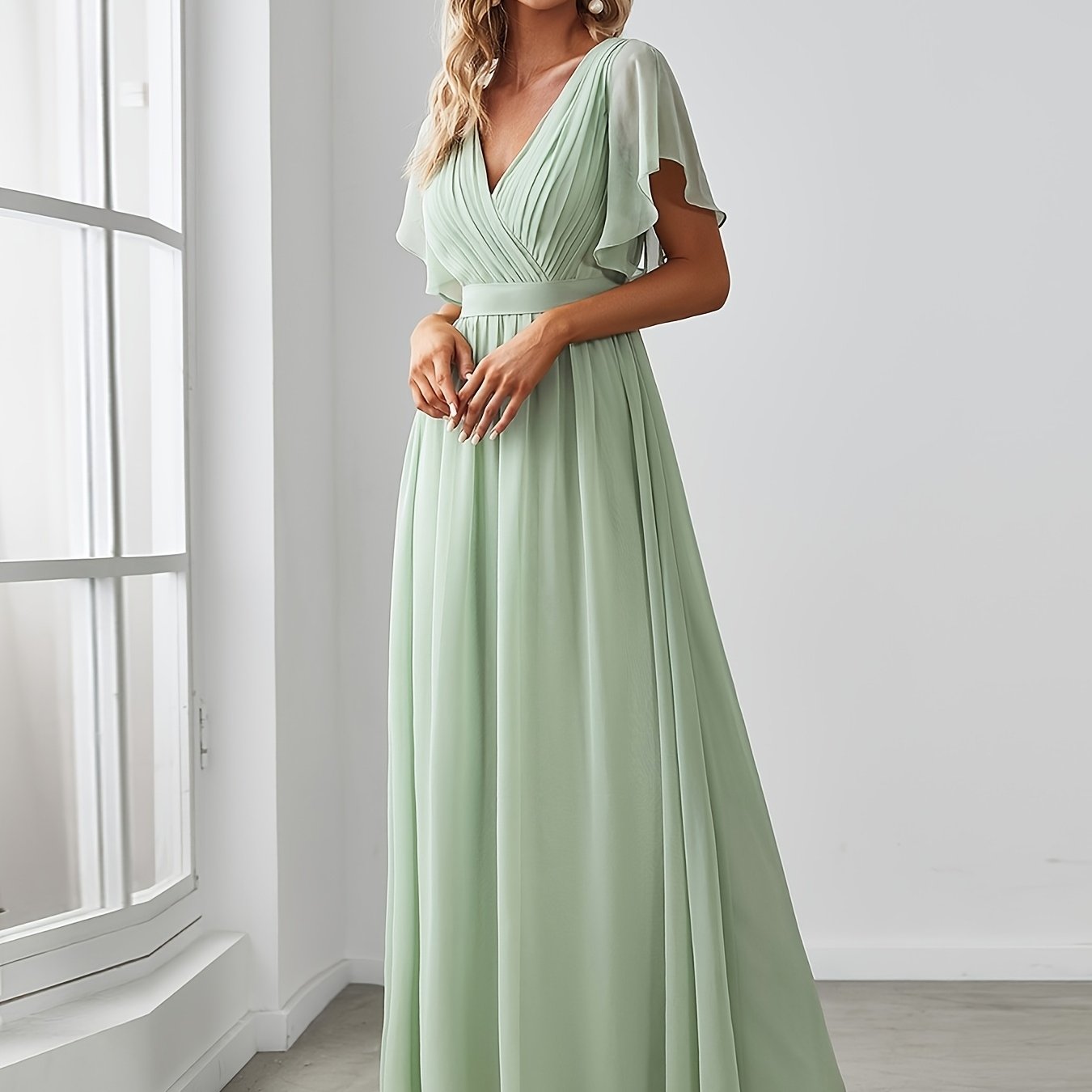 Sage Green Elegance: V-Neck A-Line Wedding Gown