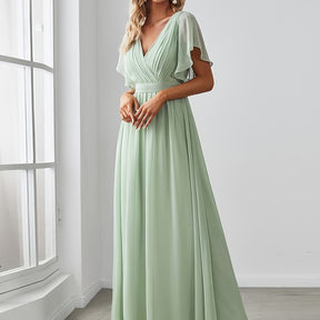 Sage Green Elegance: V-Neck A-Line Wedding Gown