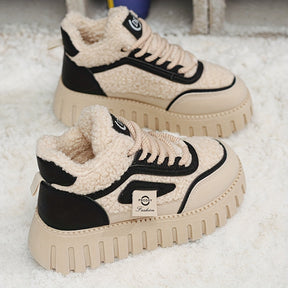 Botins de Inverno Quentes com Forro de Lã para Mulher - Botas de Neve Aconchegantes de Biqueira Redonda com Fecho de Cordões, Tração Antiderrapante, Sola de Borracha Espessa e Forro Aveludado, & Sapatos Casuais Castanhos para Clima Frio, Botas de Inverno