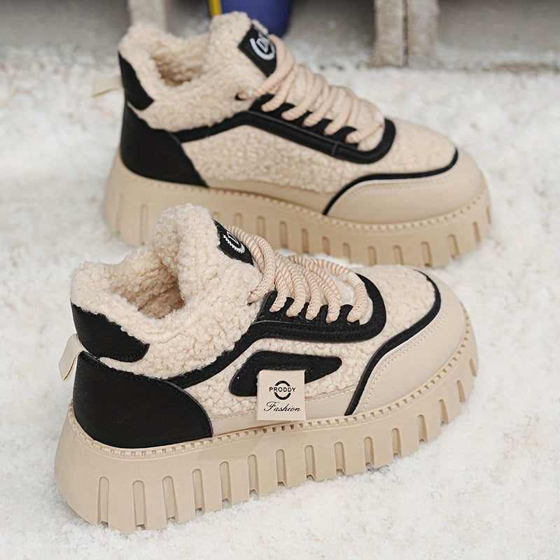 Botins de Inverno Quentes com Forro de Lã para Mulher - Botas de Neve Aconchegantes de Biqueira Redonda com Fecho de Cordões, Tração Antiderrapante, Sola de Borracha Espessa e Forro Aveludado, & Sapatos Casuais Castanhos para Clima Frio, Botas de Inverno